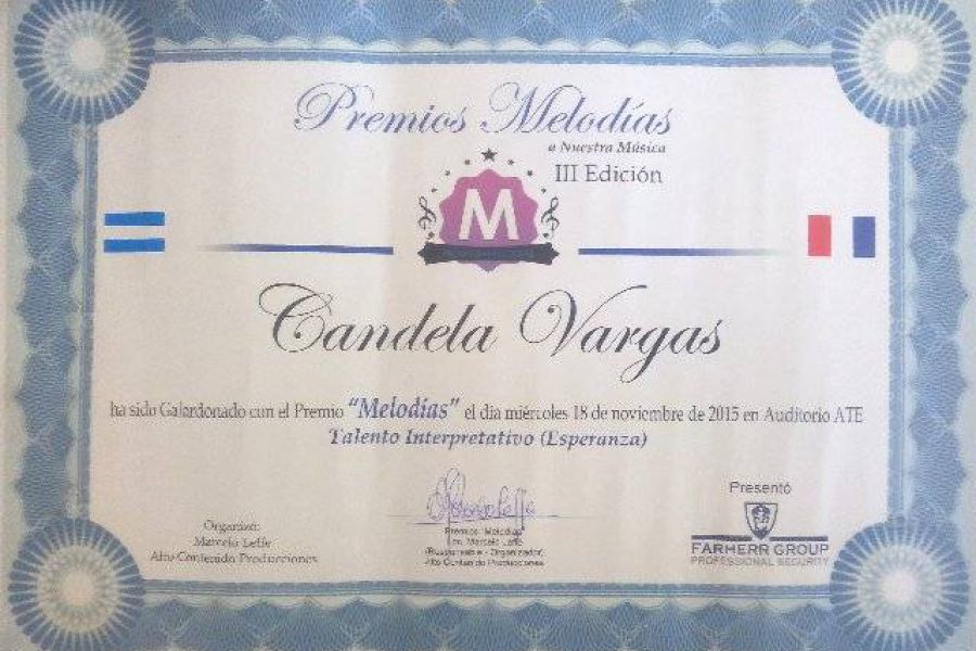 Diploma premios Melodias - Candela Vargas